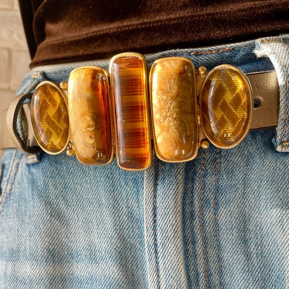 Vintage Chico’s Genuine Split Leather Belt + Gold Tone Stone Embellished Buckle - Picture 2 of 14